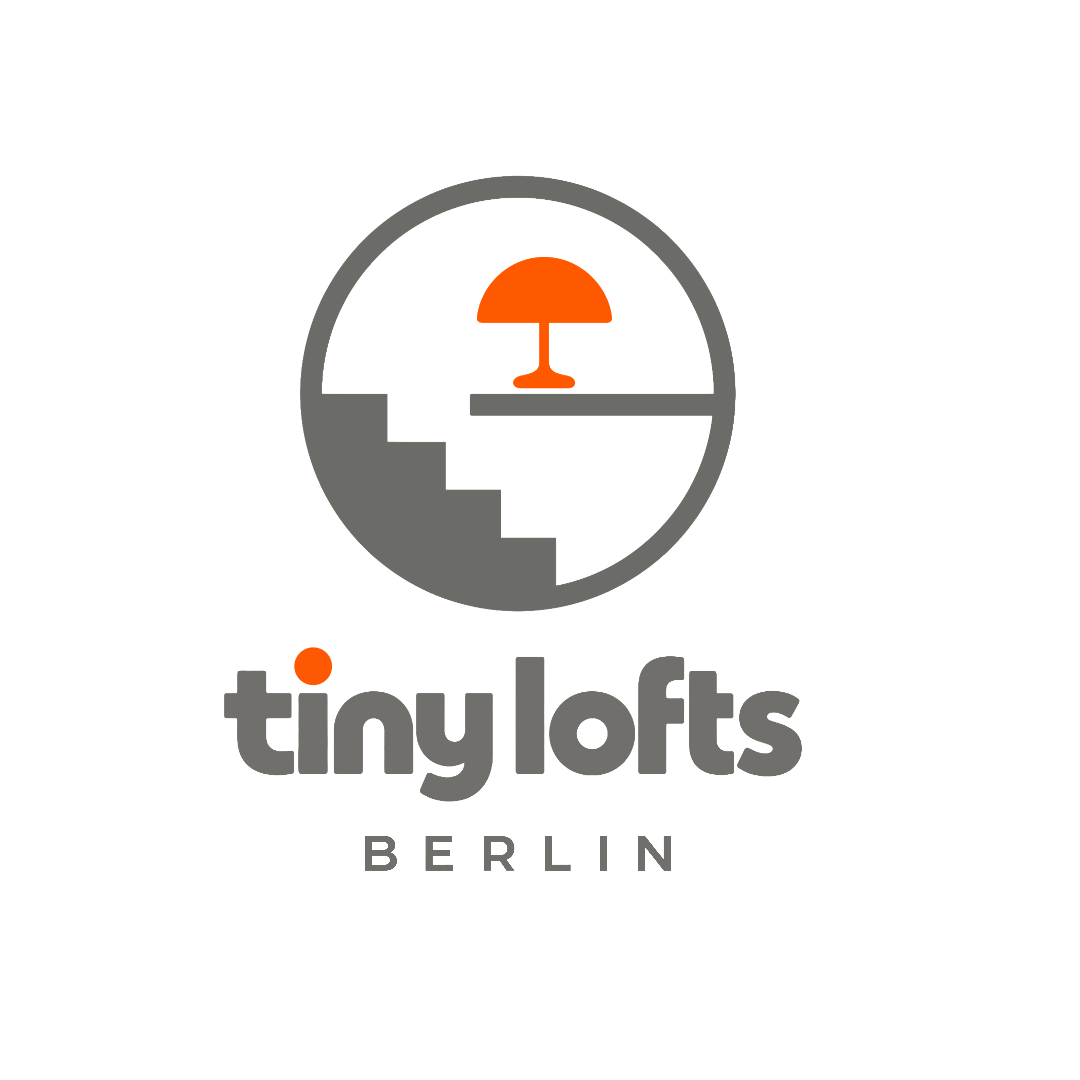 Tiny Lofts Berlin – Logo mit Treppe und orangefarbener Pilzlampe